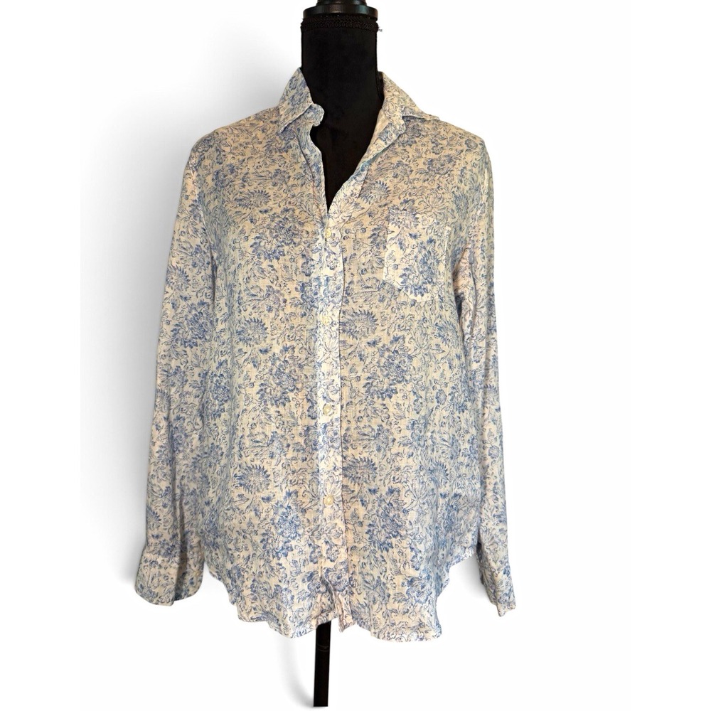 Frank & Eileen Eileen Shirt XS Blue Floral Toile 100% Linen Button Up USA